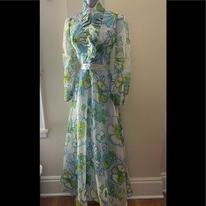 Vintage 70s Nu-Mode Floor Length Sheer Floral Dress